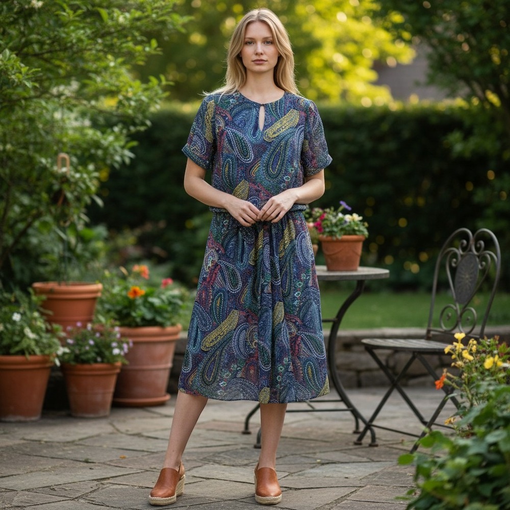Just In Thyme Ltd Dress Women's 10 Blue Paisley Short Sleeve Elastic Waist Midi